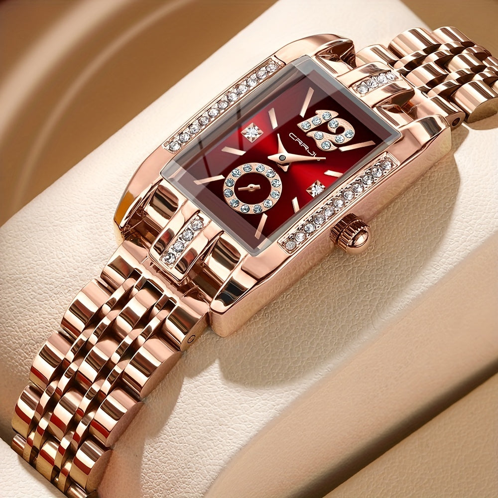 Stainless Steel Women's Luxury Watch, Elegant Rectangle Pointer Analog Quartz Rhinestone WR Wrist Watch